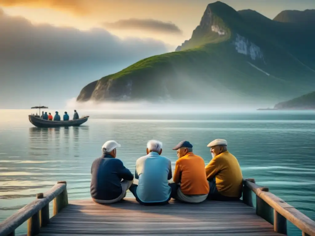 Sabiduría del mar: Tradición de pescadores ancianos enseñando a jóvenes Imagen de pescadores ancianos transmitiendo conocimiento a jóvenes en un muelle junto al mar