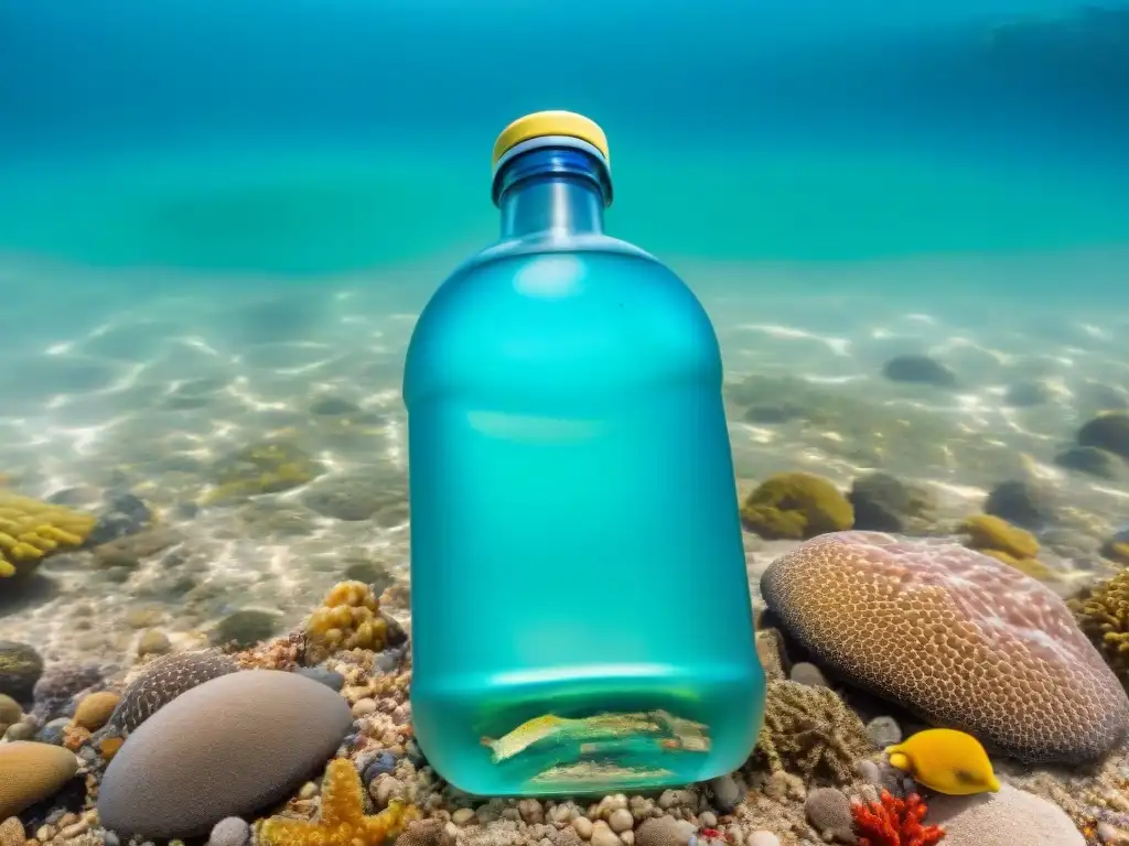 Contraste impactante: Turismo vibrante vs Un impactante contraste en una playa turística entre aguas cristalinas y una botella de plástico flotando en el mar, ejemplificando la contaminación acuática en zonas turísticas y su impacto en la biodiversidad marina