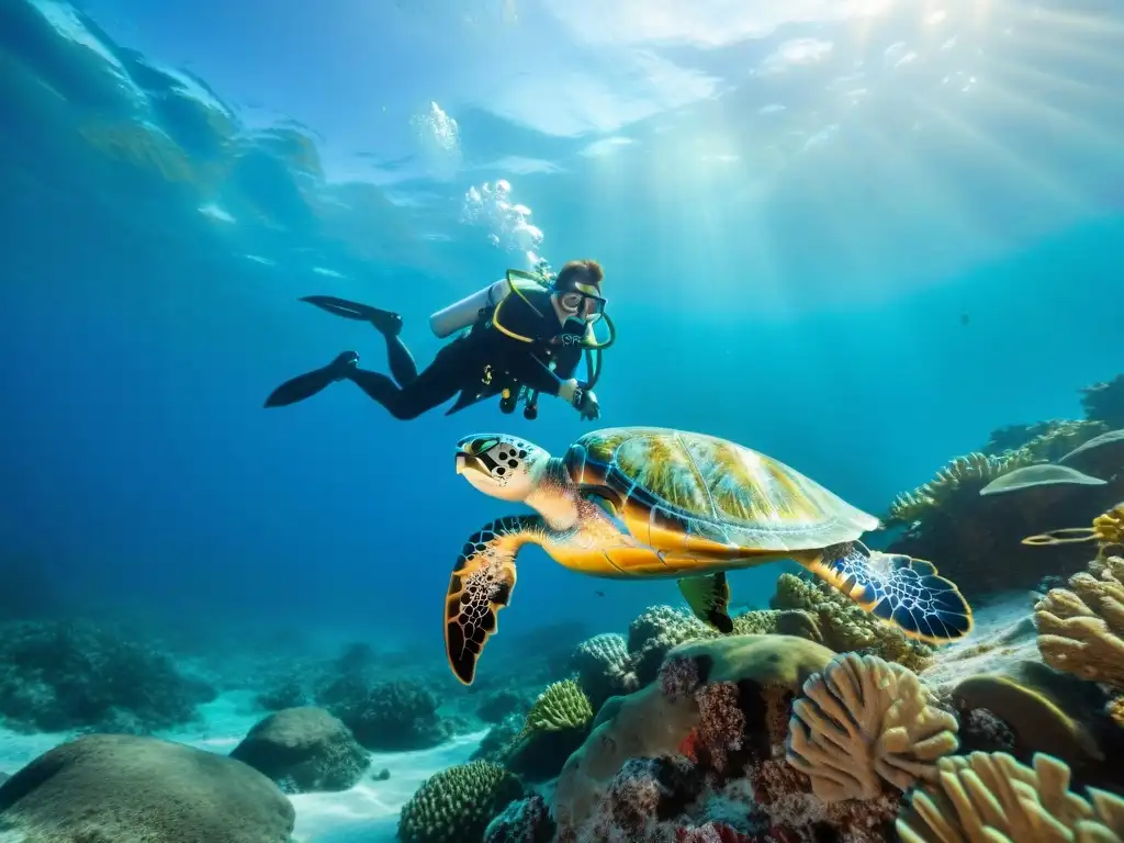 Rehabilitación de tortugas marinas en arrecife coralino Una impactante escena de conservación marina en acción: biólogos liberan tortugas marinas rehabilitadas en arrecife de coral