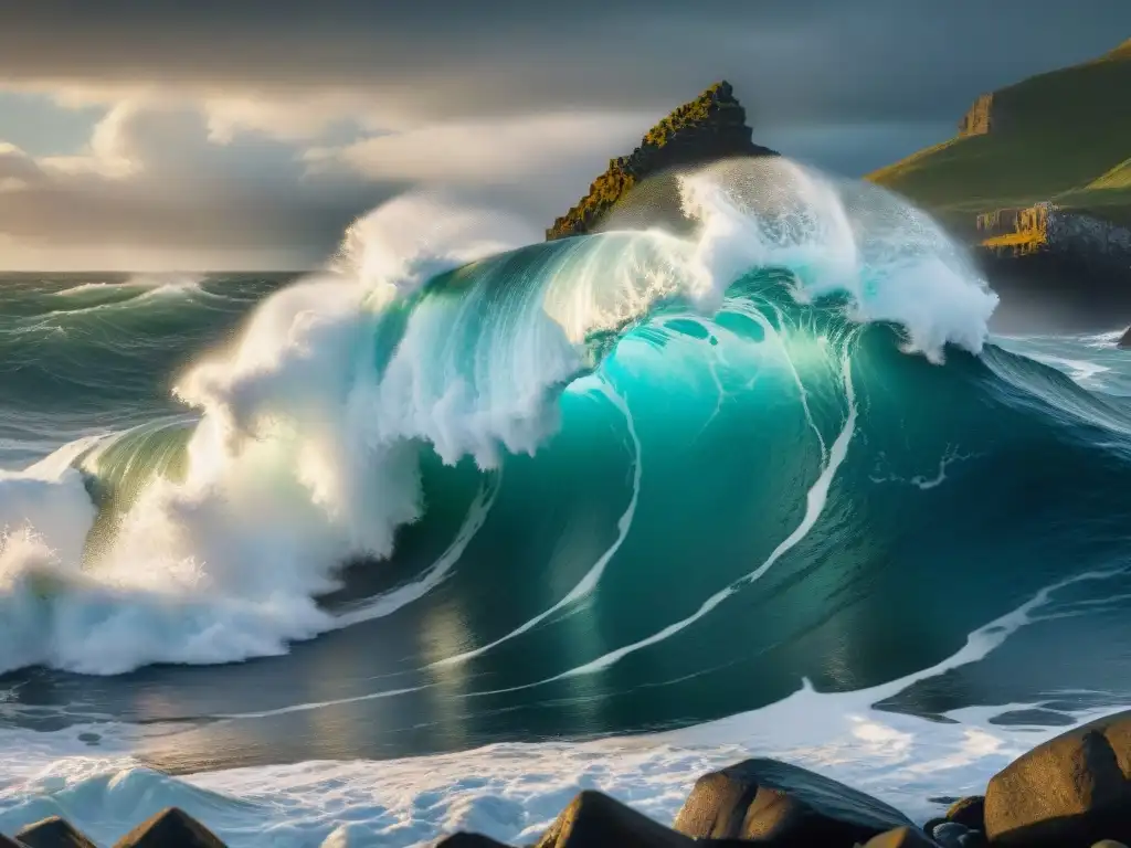 Ola majestuosa rompiendo en la costa rocosa Una impactante imagen de alta definición de una potente ola del mar chocando contra una costa rocosa, mostrando la vida marina en toda su dinámica