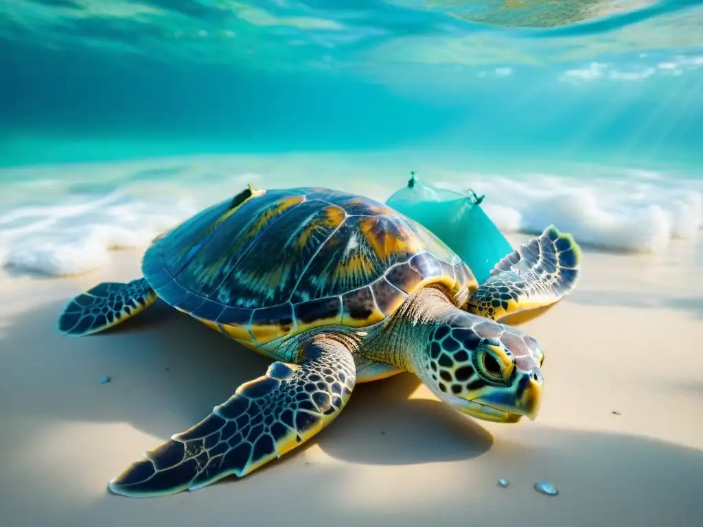 Playa tropical paradisíaca y la triste realidad de la contaminación marina Una impactante imagen detallada de una playa tropical prístina contrastada con una tortuga marina atrapada en desechos plásticos, simbolizando la contaminación acuática en zonas turísticas biodiversas