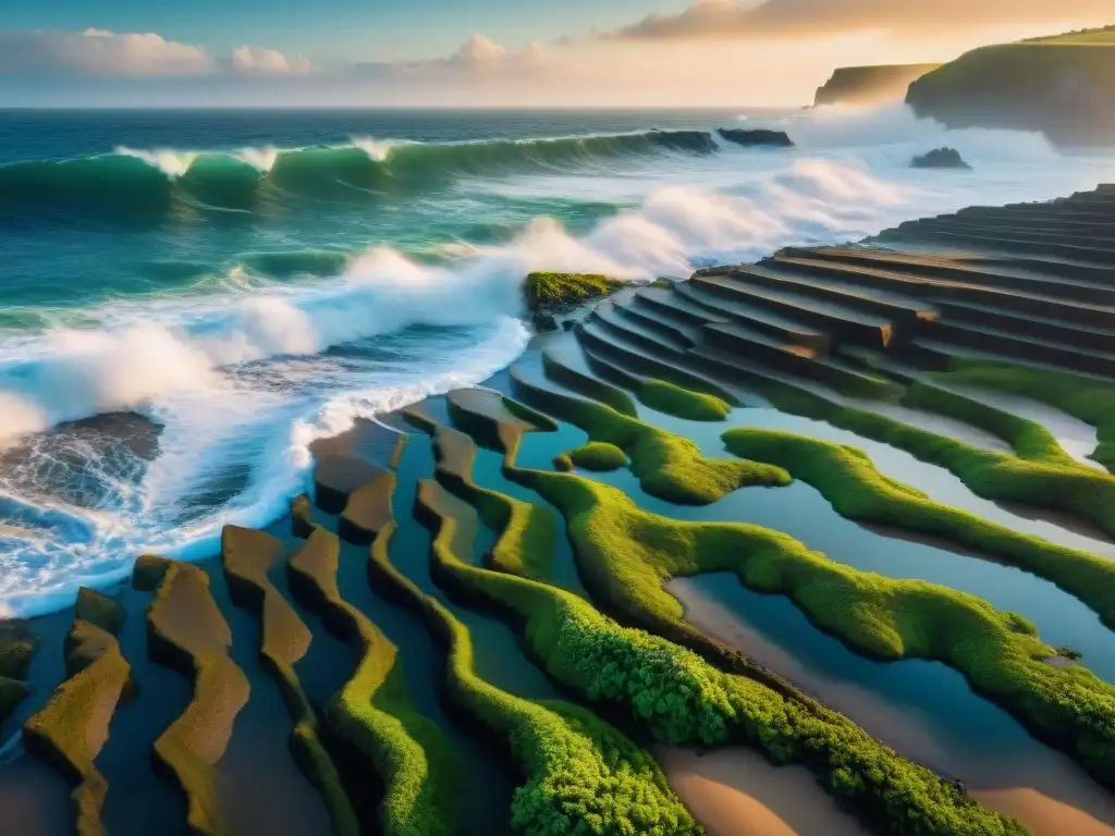 Paisaje costero: erosión y belleza en contraste Impactante imagen de erosión costera con olas chocando, resaltando la urgencia de la conservación costera ante la degradación ambiental