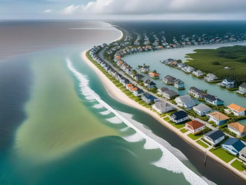 Impacto del cambio climático en propiedades costeras: erosión y riesgo Impacto del cambio climático en hipotecas y propiedades costeras: vista aérea de barrio costero con erosión y riesgo de inundación