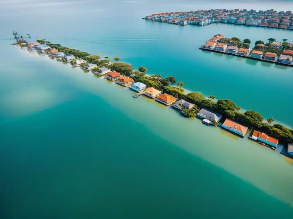 Inundación por cambio climático: ciudad costera bajo el agua Impacto del cambio climático en propiedades costeras: ciudad costera parcialmente sumergida, gente evacuando y calles inundadas