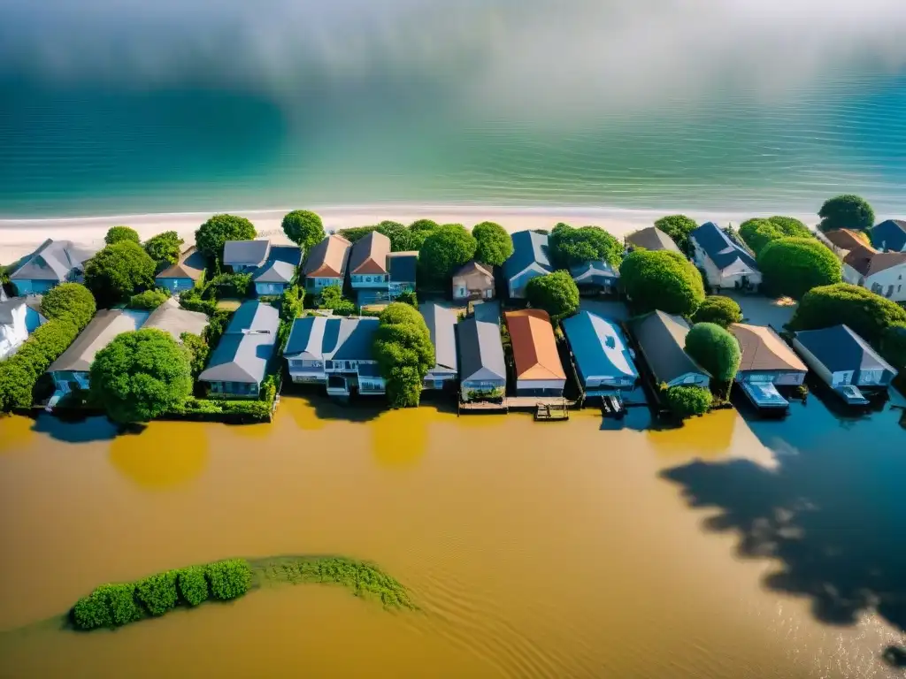 Impactante vista aérea: ciudad costera bajo el agua por el cambio climático Impacto del cambio climático en propiedades costeras: vista aérea de una ciudad costera siendo inundada por el aumento del nivel del mar
