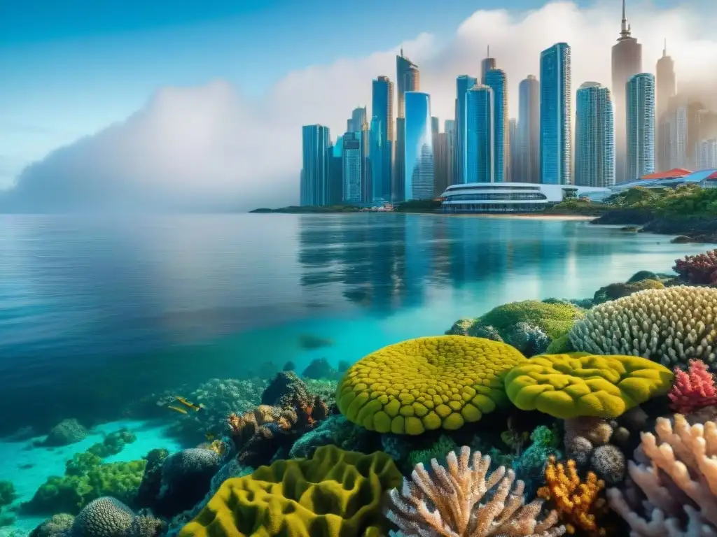 Contraste urbano: ciudad costera y ecosistema marino Impacto de la urbanización en los ecosistemas marinos: ciudad costera con rascacielos y arrecifes de coral coloridos