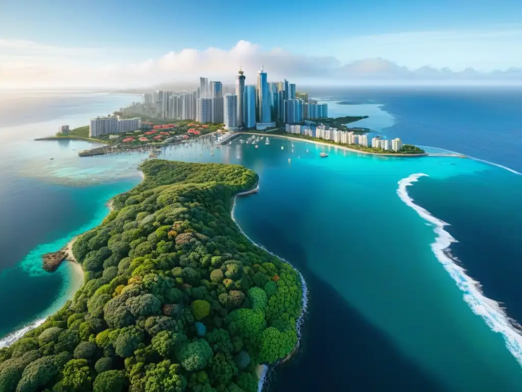 Contraste urbano: ciudad costera vs Impacto de la urbanización en los ecosistemas marinos: contraste entre la ciudad costera y el arrecife de coral vibrante