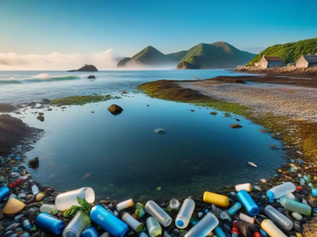 Desolación costera: impacto ambiental en pueblo playero Impacto de las leyes de contaminación costera en el hogar: una ciudad costera desolada por la basura, aguas turbias y peces luchando entre desechos