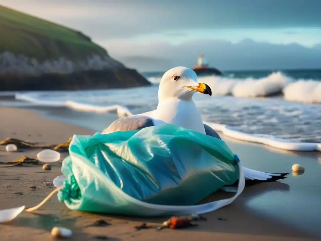 Devastadora contaminación de plástico en costa paradisíaca Impacto de residuos en ecosistemas costeros: gaviota atrapada entre plásticos en playa contaminada