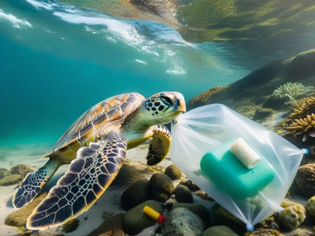 Tristeza en el mar: Tortuga atrapada en plástico lucha por sobrevivir Impacto de residuos en ecosistemas costeros: Tortuga marina atrapada entre plásticos, luchando por sobrevivir en aguas contaminadas