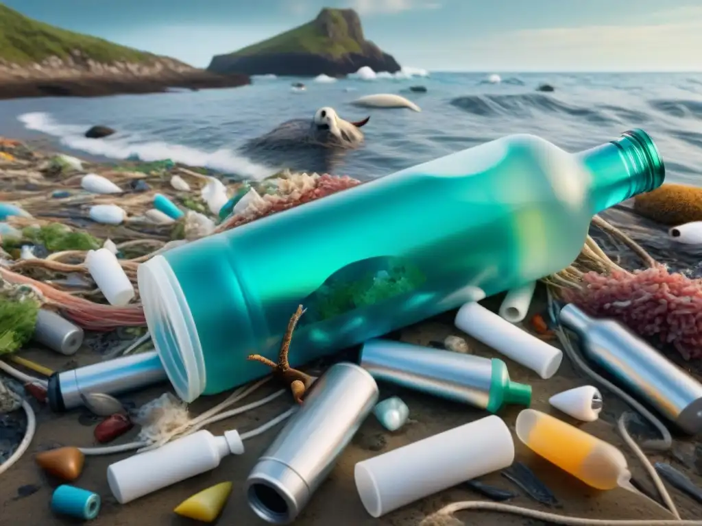 Devastador impacto del plástico en ecosistemas costeros Impacto de los residuos en ecosistemas costeros: Imagen detallada de costa con basura plástica y vida marina afectada