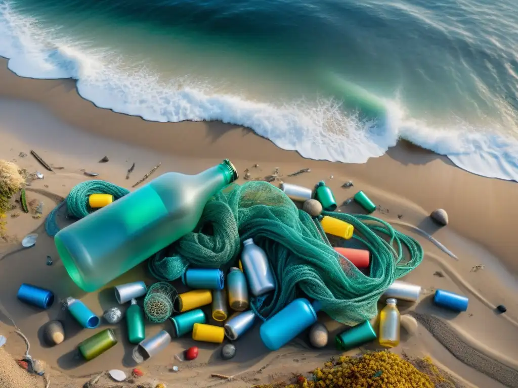 Desolador contraste: ecosistema costero invadido por plástico Impacto de residuos en ecosistemas costeros: playa contaminada con plástico, aves y mar afectados