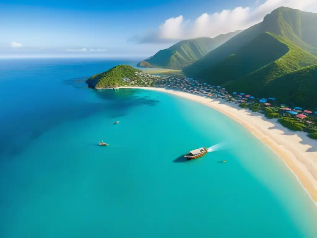 Encantador pueblo costero: tradición pesquera y turismo Impacto del turismo en comunidades costeras: Un pintoresco pueblo costero entre montañas verdes, playa de arena y barcos de pesca coloridos