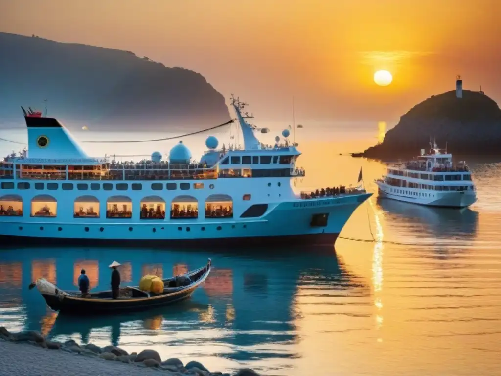 Puerto costero: tradición pesquera y turismo moderno al atardecer Impacto del turismo en comunidades costeras: Pesqueros tradicionales y cruceros modernos en un puerto costero bullicioso al atardecer