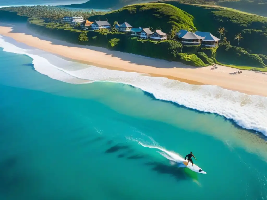 Paraíso surfista: olas perfectas en aguas turquesas Imperio de surf en una costa de éxito: surfistas cabalgan olas perfectas en aguas turquesas