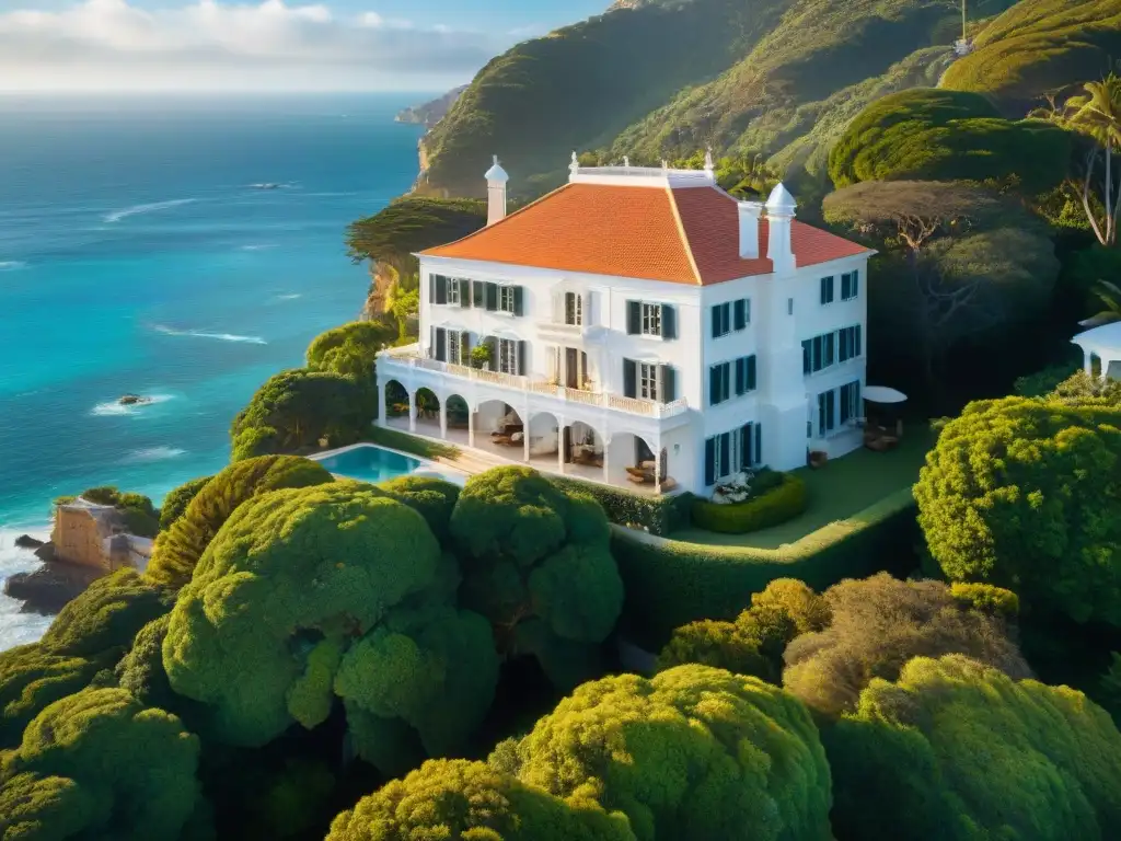 Mansión histórica de lujo en acantilados con jardines y playa privada Imponente mansión histórica frente al mar con jardines y playa privada, bañada por la luz matinal