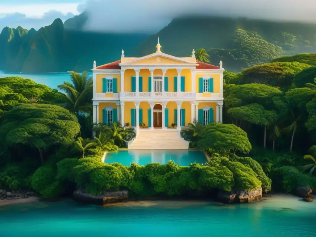 Mansión colonial: elegancia frente al mar Imponente mansión colonial con columnas blancas, rodeada de exuberante vegetación y vistas al mar turquesa