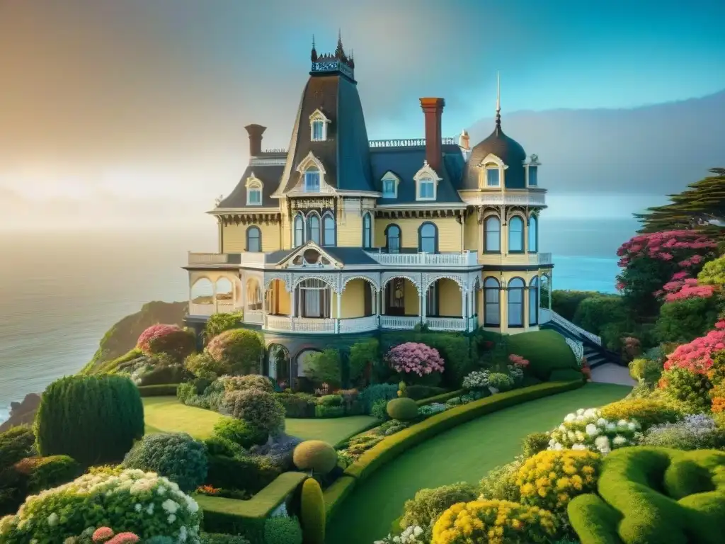 Esplendor victoriano: detallada mansión costera con jardines exuberantes Imponente mansión de estilo victoriano costero con detalles arquitectónicos ornamentados y jardines exuberantes