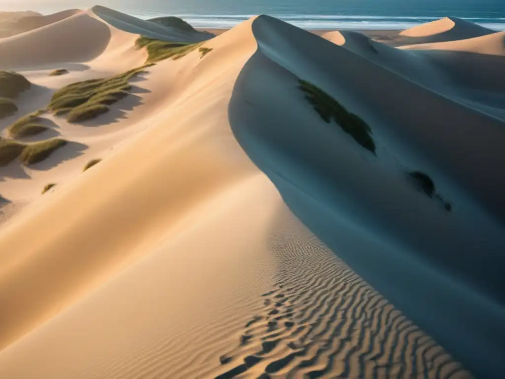 Dunas doradas al atardecer: equilibrio y belleza costera Importancia de preservar dunas costeras: Majestuosas dunas doradas, iluminadas por la cálida luz del atardecer, con gaviotas sobrevolando
