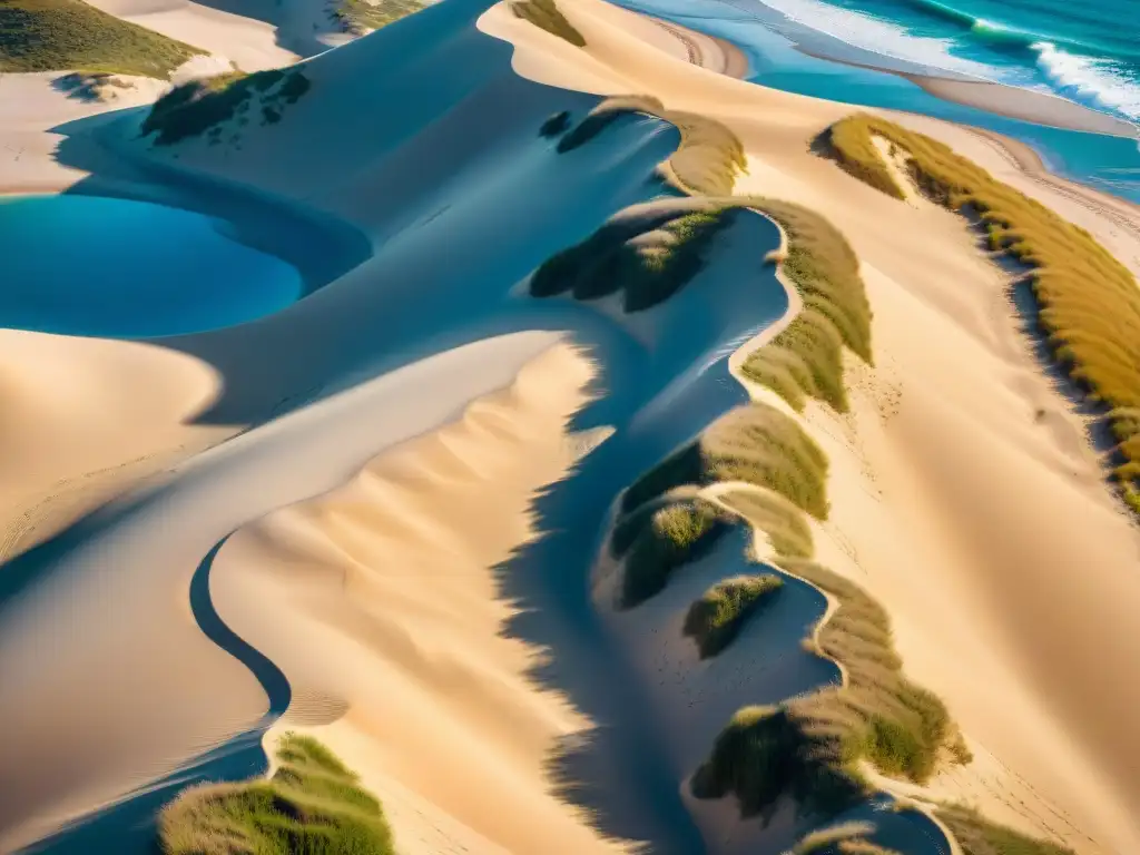 Dunas costeras: danza de luces y sombras Importancia de preservar dunas costeras: Red de dunas doradas con hierba Marram y sombras alargadas bajo el sol en la costa