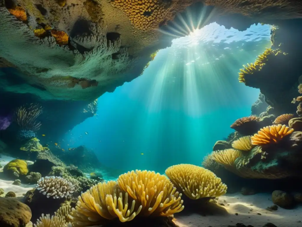 Maravilloso ecosistema marino en cueva costera Descubre la importancia ecológica de cuevas costeras en este vibrante ecosistema marino bajo el agua