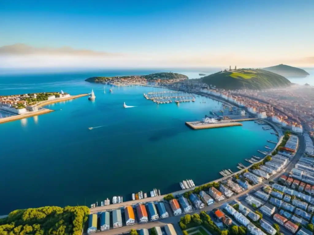 Costa vibrante: ciudad costera con puertos bulliciosos y aguas azules Importancia económica de la vida marina en la vibrante ciudad costera bajo el sol dorado