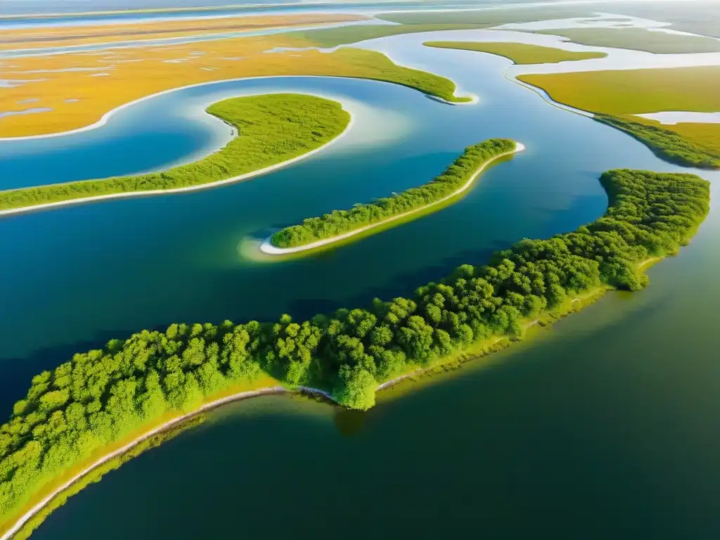 Marismas saladas: belleza y biodiversidad Importancia de las marismas salinas en la biodiversidad: vista aérea de intrincados patrones acuáticos y vegetación verde vibrante