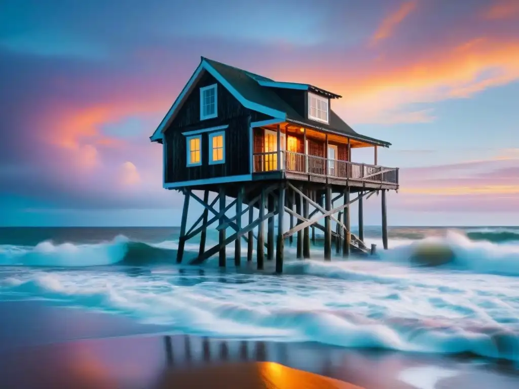 Erosión de casa playera de madera: lección de resistencia costera Muestra la importancia de elegir materiales adecuados para construir una casa en la costa, resistiendo las olas del mar al atardecer