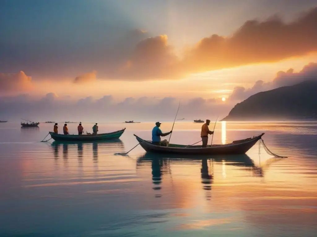 Artesanía pesquera al amanecer: redes en el mar La importancia de la pesca artesanal se refleja en la escena de pescadores locales lanzando sus redes al amanecer en el mar brillante