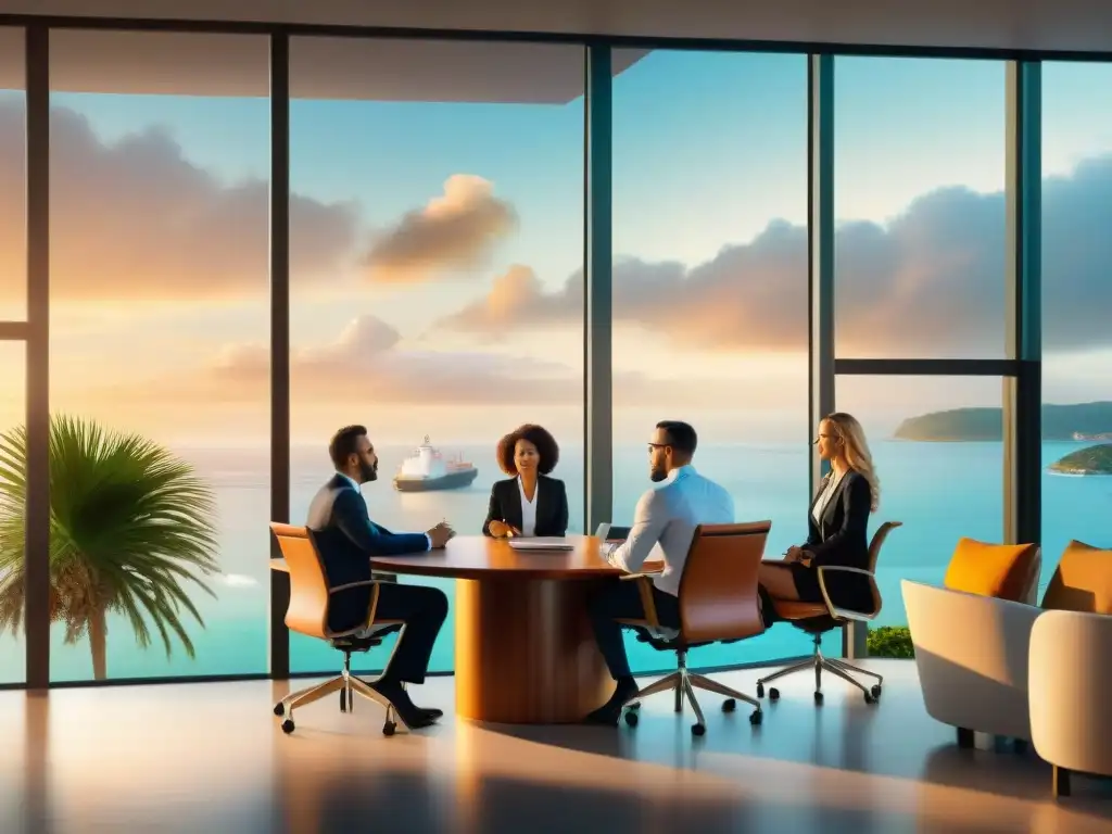 Profesionales debaten estrategias de inversión en costa Importante discusión sobre inversiones costeras beneficios fiscales en moderna oficina con vista al mar al atardecer