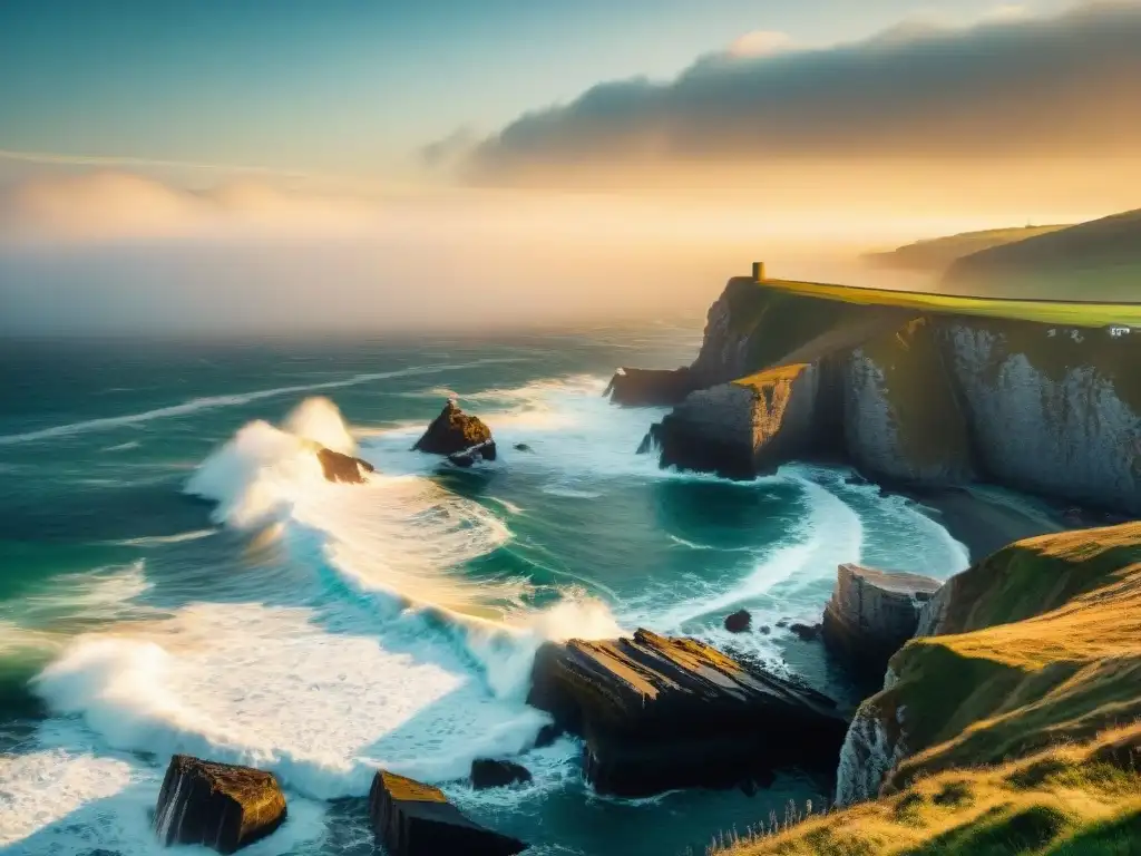 Acantilado costero: poder y belleza del mar al atardecer Impresionante acantilado costero con olas rompiendo, seagulls y atardecer dorado