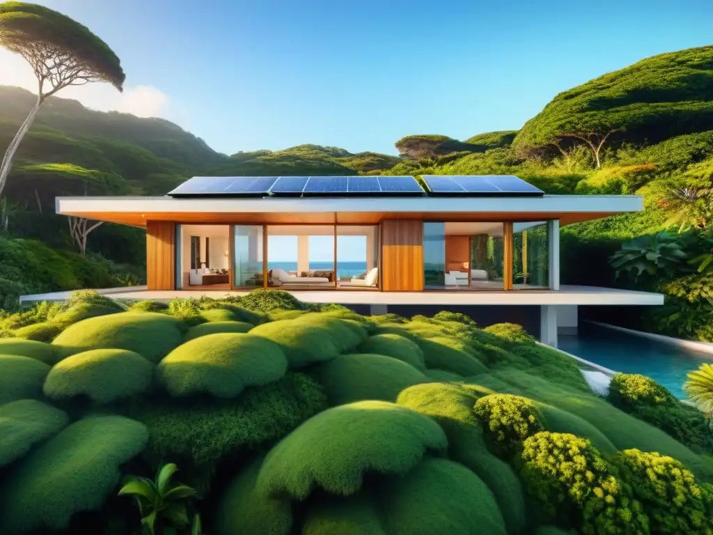 Vivienda ecoamigable: arquitectura verde en la costa Impresionante arquitectura verde frente al mar, integrada con la naturaleza y tecnología sostenible