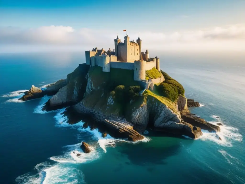 Castillo en acantilado: belleza eterna junto al mar Impresionante castillo en la costa, majestuoso en acantilado con olas rompiendo