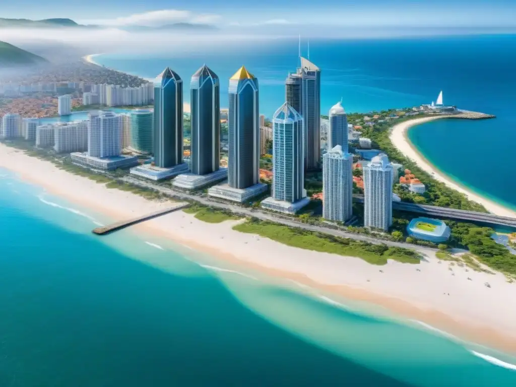 Espectacular ciudad costera con rascacielos y propiedades REITs Impresionante ciudad costera con REITs costeros potencial crecimiento, playas y rascacielos modernos