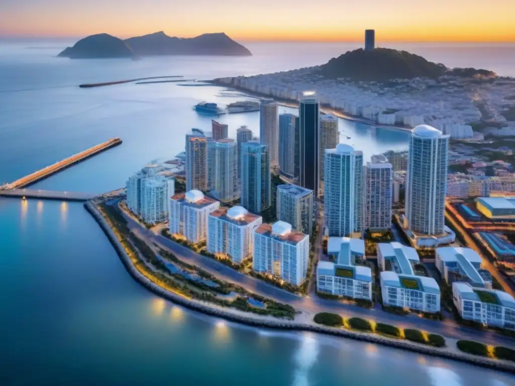 Horizonte costero al amanecer: rascacielos REIT en la ciudad Impresionante ciudad costera al amanecer con edificios de Valorización REITs costeros tecnología