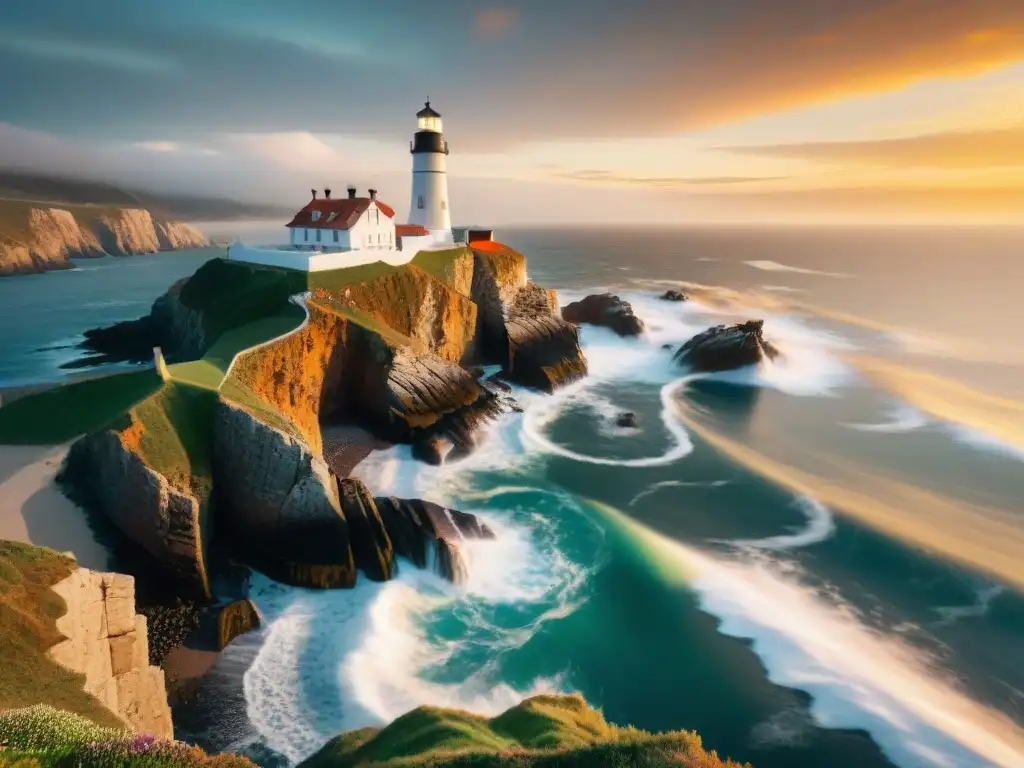 Atardecer dorado en acantilado: Faro solitario y oleaje Impresionante composición en fotografía costera: acantilado, faro solitario, olas y gaviotas en atardecer vibrante