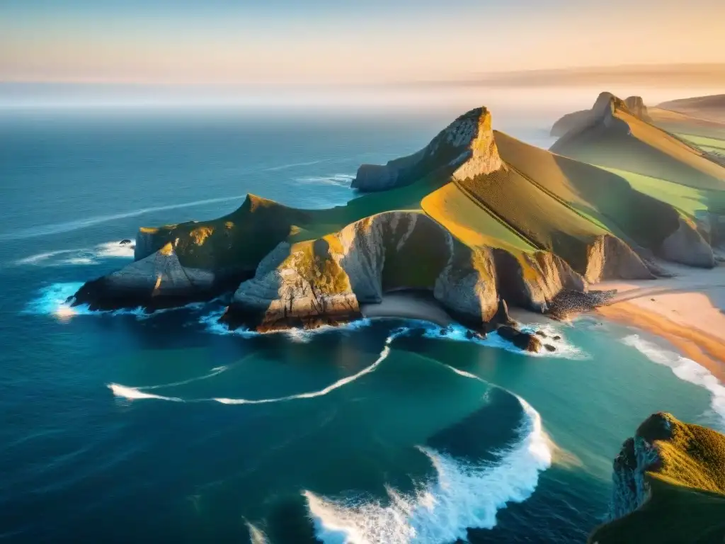 Acantilados impresionantes bañados por el océano: atardecer dorado Impresionante costa con acantilados, olas y gaviotas al atardecer