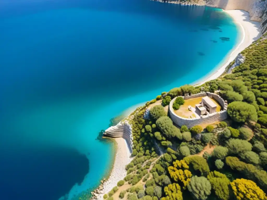 Costa griega: aguas cristalinas y ruinas ancestrales bajo el sol dorado Impresionante costa de Grecia con aguas cristalinas, ruinas antiguas y barco pesquero
