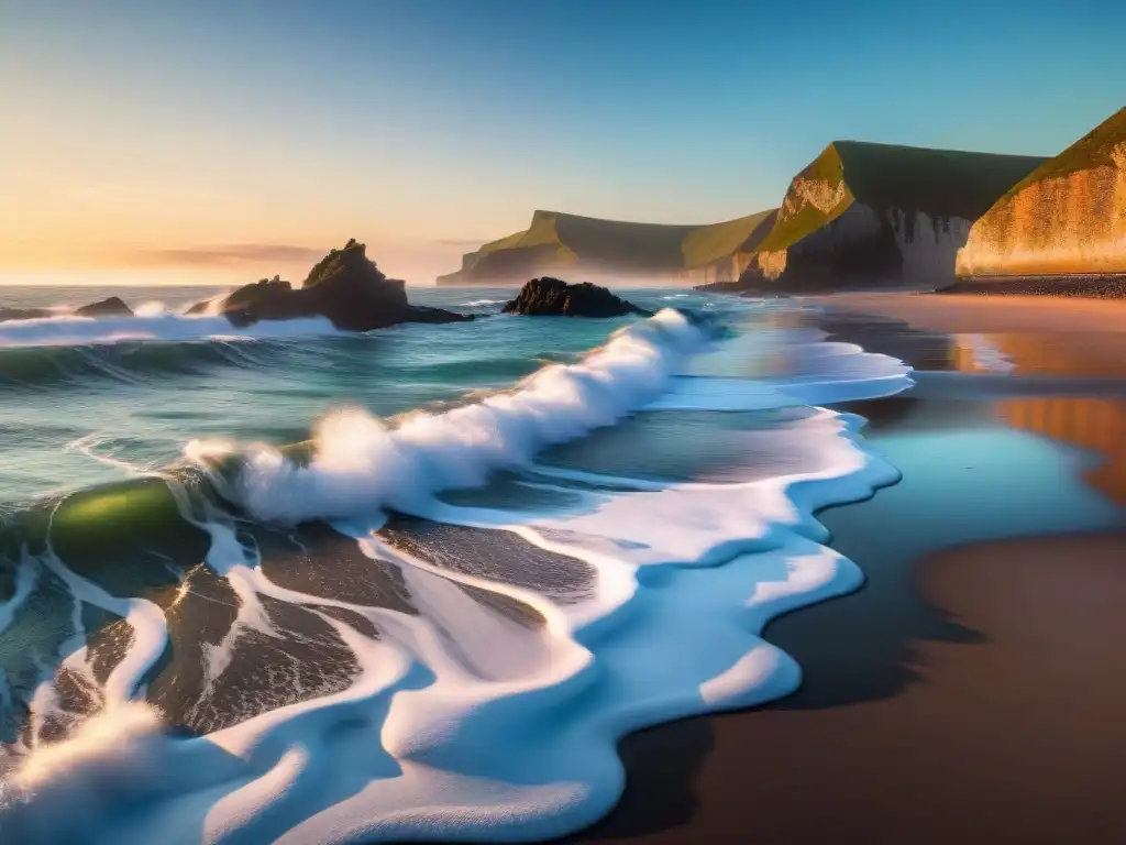 Costa salvaje al amanecer: acantilados dramáticos y playa prístina Impresionante costa al amanecer con acantilados dramáticos, playa virgen y gaviotas