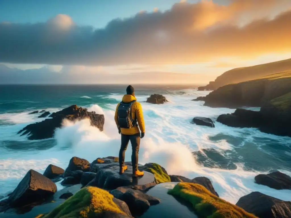 Majestuoso atardecer costero capturado por fotógrafo solitario Una impresionante fotografía costera con encuadres mágicos, mostrando un vibrante atardecer sobre un paisaje costero rocoso