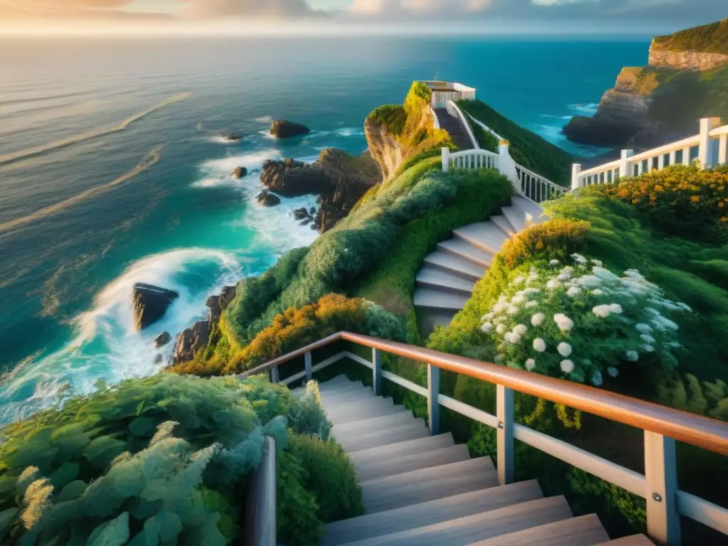 Escalera de madera en acantilado: fusión entre naturaleza y diseño costero Un impresionante diseño costero con caminos accesibles integrados en un acantilado, rodeado de exuberante vegetación y el mar