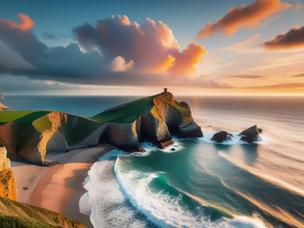 Costa salvaje al atardecer: belleza y poder marino Una impresionante fotografía documental de una costa escarpada al atardecer, con nubes dramáticas, olas rompiendo en las rocas y una gaviota solitaria surcando el cielo naranja y rosa