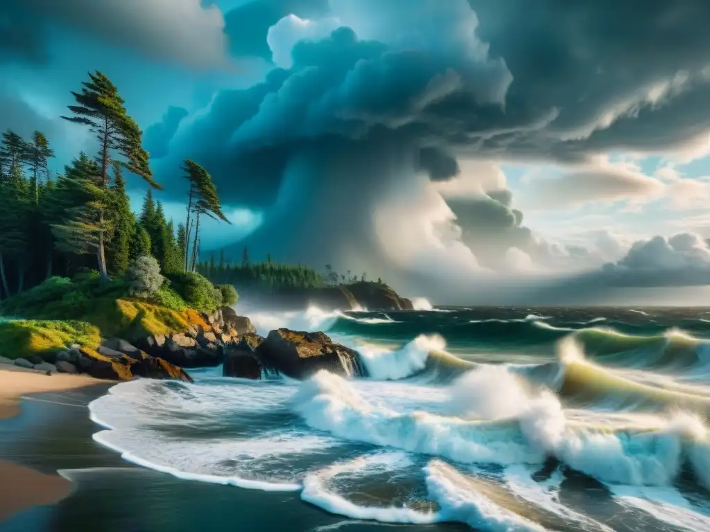 Tormenta costera: la fuerza de la naturaleza Impresionante ecosistema costero en tormenta, mostrando la preparación para fenómenos meteorológicos costeros
