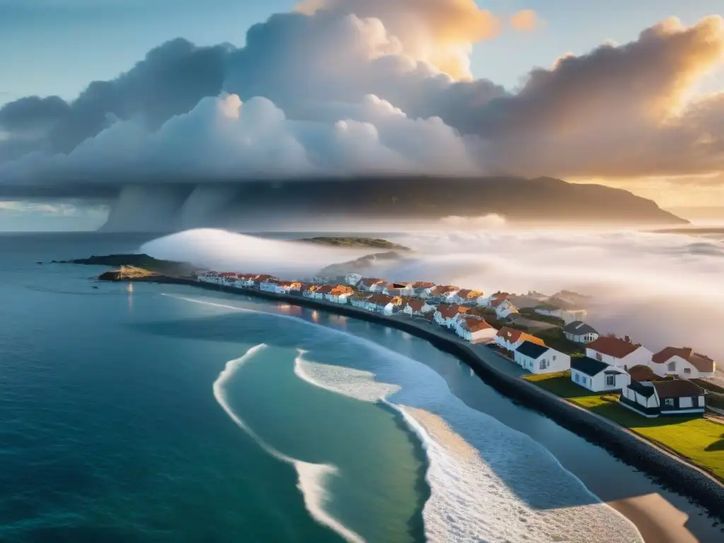 Atardecer dorado y tormenta: impacto del cambio climático en pueblo costero Impresionante foto aérea de un pueblo costero al atardecer, reflejando el impacto del cambio climático en propiedades costeras