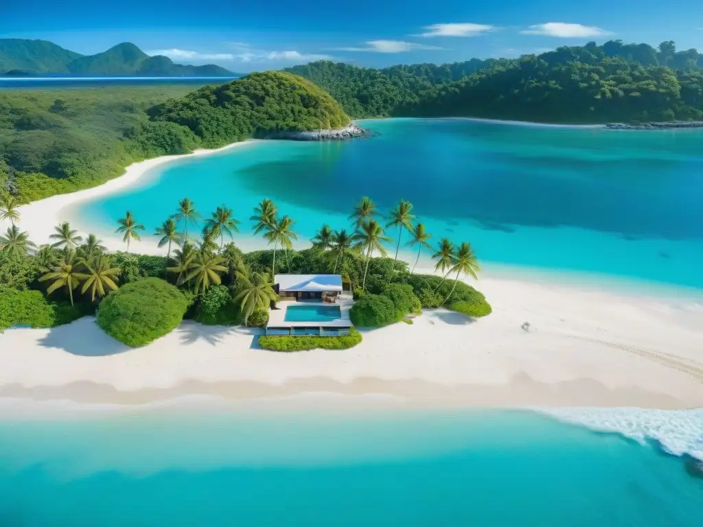 Paraíso costero: playa de arena blanca y agua turquesa Una impresionante imagen 8k detallada de una playa de arena blanca rodeada de aguas turquesas cristalinas, con palmeras exuberantes y un cielo azul