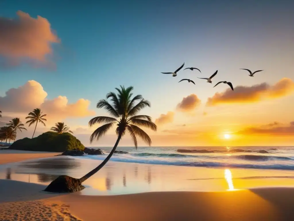 Atardecer dorado en la playa: belleza costera y paz Una impresionante imagen documental de un vibrante atardecer dorado en una playa tranquila, con olas suaves y gaviotas en vuelo