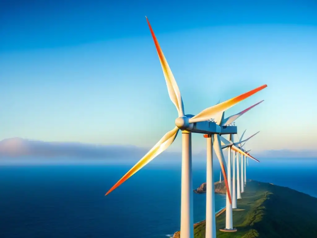 Turbinas eólicas costeras: energía renovable en acción Una impresionante imagen de una moderna turbina eólica en una costa, simbolizando energía alternativa para propiedades costeras