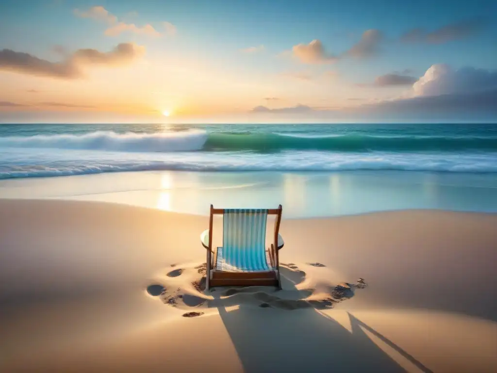 Tranquilidad costera al atardecer: playa vacía y gaviotas Impresionante paisaje costero al atardecer con silla de playa vacía
