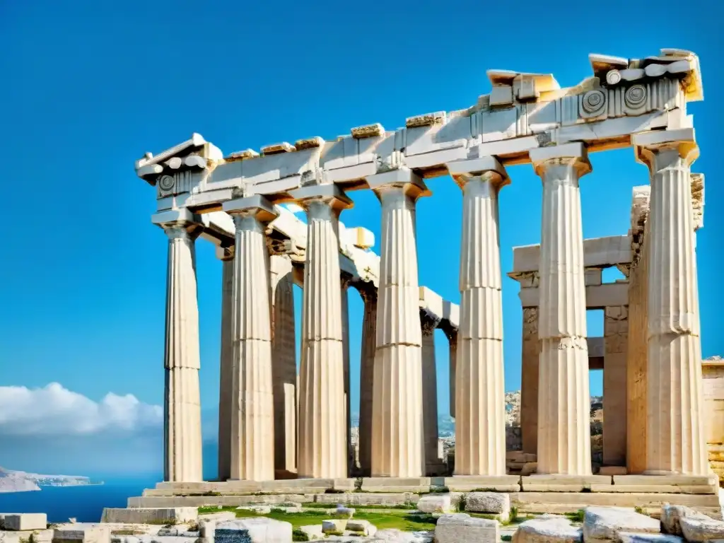 Majestuoso Parthenon en Atenas: detalle maravilloso Impresionante Parthenon en Atenas, Grecia, bajo el sol mediterráneo, representando la historia y cultura en Grecia