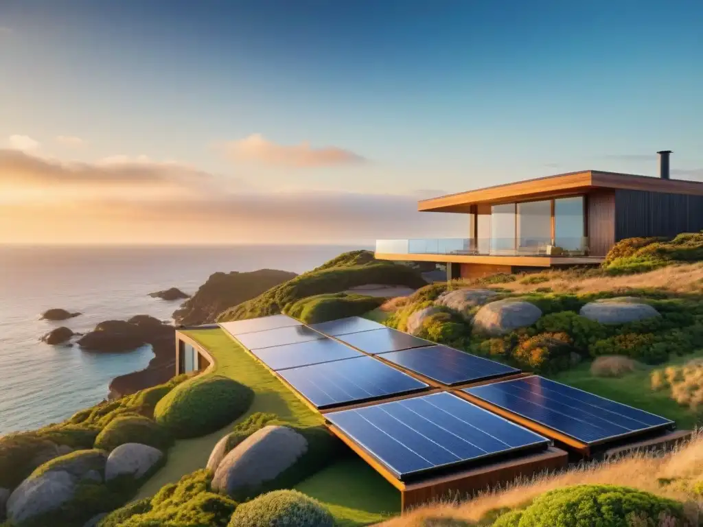 Elegante propiedad costera con paneles solares al atardecer Una impresionante propiedad costera moderna al atardecer con paneles solares integrados, reflejando la eficiencia energética en propiedades costeras